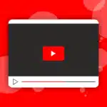 A white video player frame with a prominent red YouTube play button in the center, set against a vibrant red background with abstract circular shapes.