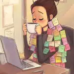 : A cartoon illustration of a person with their hair in a bun sitting at a desk with a laptop, looking tired and stressed while drinking from a large white mug. They are covered in numerous colorful sticky notes with handwritten text, symbolizing the burden of documentation.