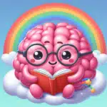 An illustration of a happy brain reading a book, symbolizing how short stories engage the brain for learning and imagination.