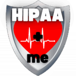 A gray shield icon with "HIPAA" in large white letters at the top, a red heart with a white electrocardiogram line and a black medical cross in the center, and "me" in large black letters at the bottom.