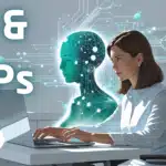 Stylized illustration of a female SLP working at a laptop, with a glowing, translucent AI figure behind her, symbolizing AI as a supportive assistant. Text reads: 'AI & SLPs'.