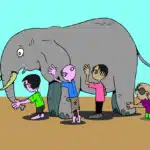 A cartoon illustration depicting several people in dark glasses each touching a different part of a large gray elephant, such as its trunk, leg, ear, and tail.