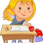 Cartoon image of a smiling girl at a school desk eagerly raising her hand, symbolizing a child's enthusiasm for learning.