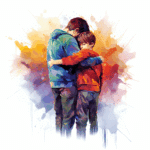 Vivid stylistic painting depicting an older boy gently embracing a younger boy, symbolizing deep empathy and supportive connection.
