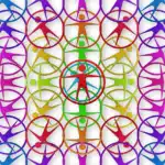 Colorful abstract design featuring human figures inside circles, overlapping in a concentric design, symbolizing unity and diversity in vibrant hues.