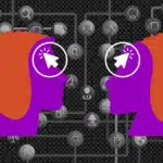 An illustration of two purple human head silhouettes facing each other on a dark, circuit board-like background filled with gray technology and communication icons. White mouse cursors with glowing circles are superimposed over their eyes, symbolizing interaction and connection, specifically related to AI and communication.