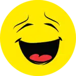 A bright yellow smiley face with a red tongue visible in a laughing mouth, and small lines indicating closed eyes from laughter.