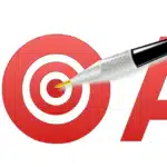 The word GOAL in red capital letters, with the letter 'O' replaced by a target and a dart accurately hitting the bullseye, symbolizing clear and achievable objectives.