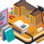 An illustration depicting a school building, books, a calculator, a diploma, and educational tools symbolizing learning and achievement.