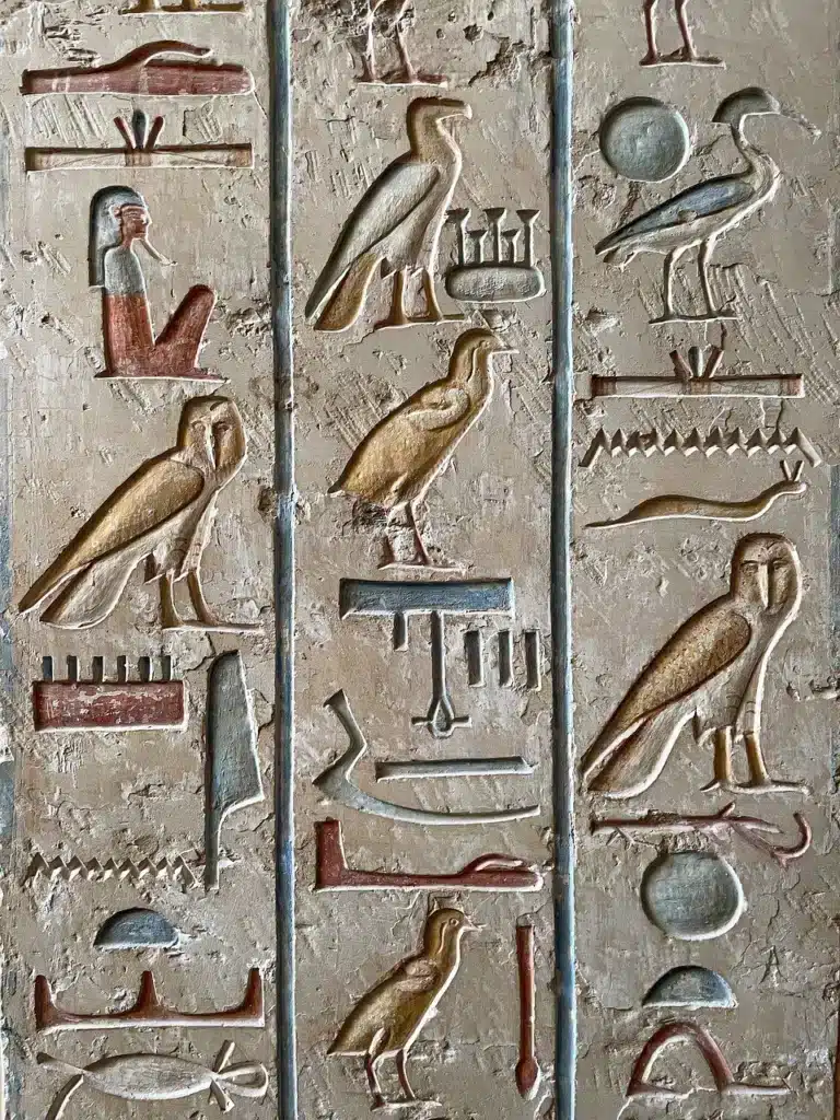 Photograph of ancient Egyptian hieroglyphics carved into stone, symbolizing historical roots and the evolution of language and writing.
