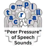 Illustration of gray stylized, rounded figures encircling a white, cowering stylized, rounded figure. Each gray figure's head spells 'cate...pillar,' while the frightened white figure's head has only the 'r.' The image text reads 'peer pressure' of speech sounds.