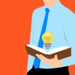An illustration of a person holding an open book with a glowing light bulb above it, symbolizing new ideas, solutions, and empowerment for teachers.