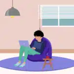 Illustration of a person in pajamas sitting comfortably in a bean bag chair with a laptop, symbolizing teleconferencing from home.