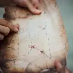 Two pairs of hands holding a weathered treasure map with drawn lines, dotted paths, an arrow, and a circled "X" marking a spot. One finger points towards the marked location.
