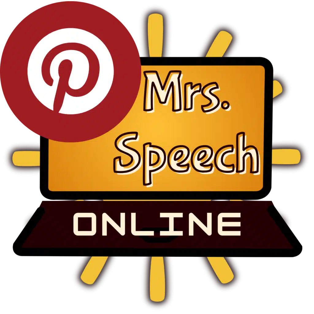 Mrs. Speech Pinterest logo, with a laptop and a Pinterest icon