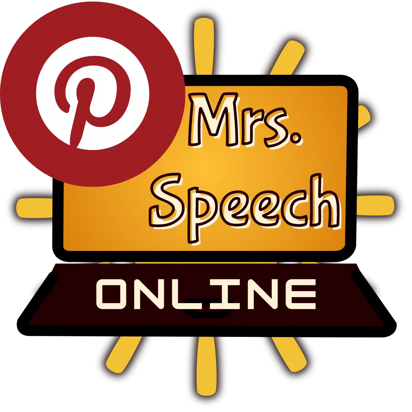Mrs. Speech Pinterest logo, with a laptop and a Pinterest icon