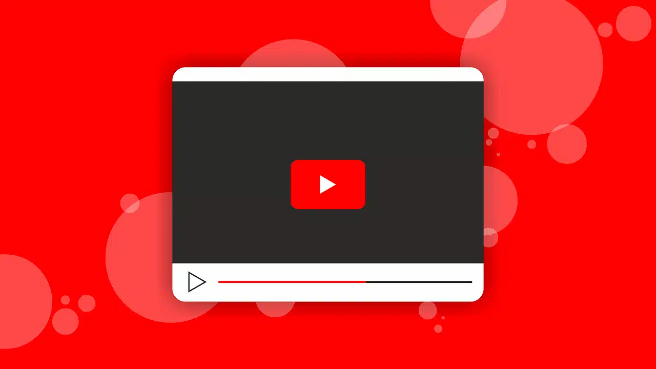 A white video player frame with a prominent red YouTube play button in the center, set against a vibrant red background with abstract circular shapes.
