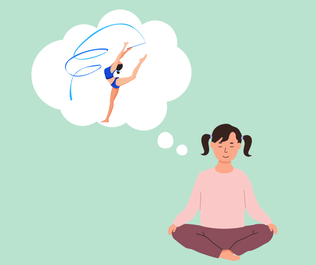 An illustration of a young girl sitting calmly in a meditative pose with a thought bubble above her head showing her successfully performing rhythmic gymnastics with a ribbon, symbolizing visualization and mental rehearsal for skill development.