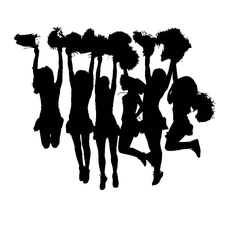 A black silhouette of six cheerleaders in various dynamic poses, symbolizing a supportive 'cheer squad' for children on their speech therapy journey.