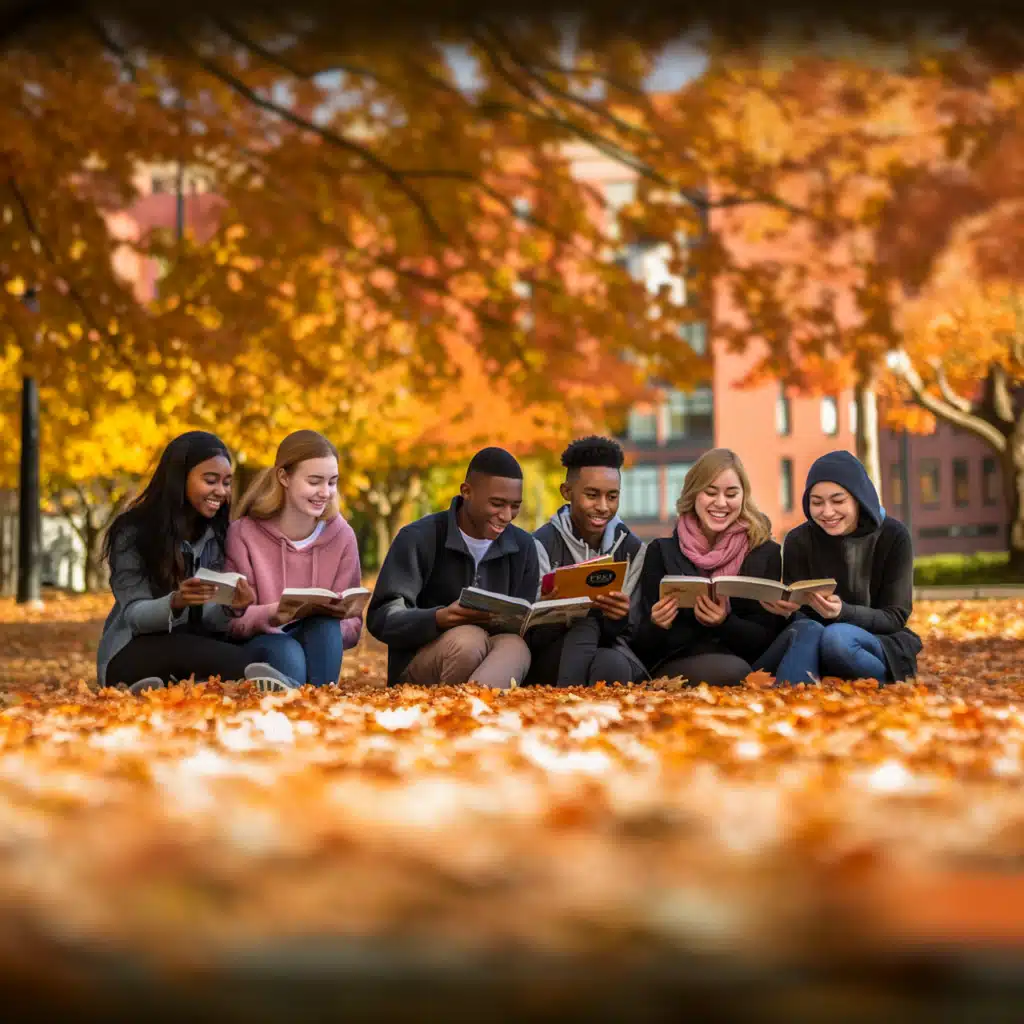 Five diverse young adults sitting among autumn leaves on a grassy lawn, each engrossed in reading a book, symbolizing inclusive representation in literature and the joy of shared stories.