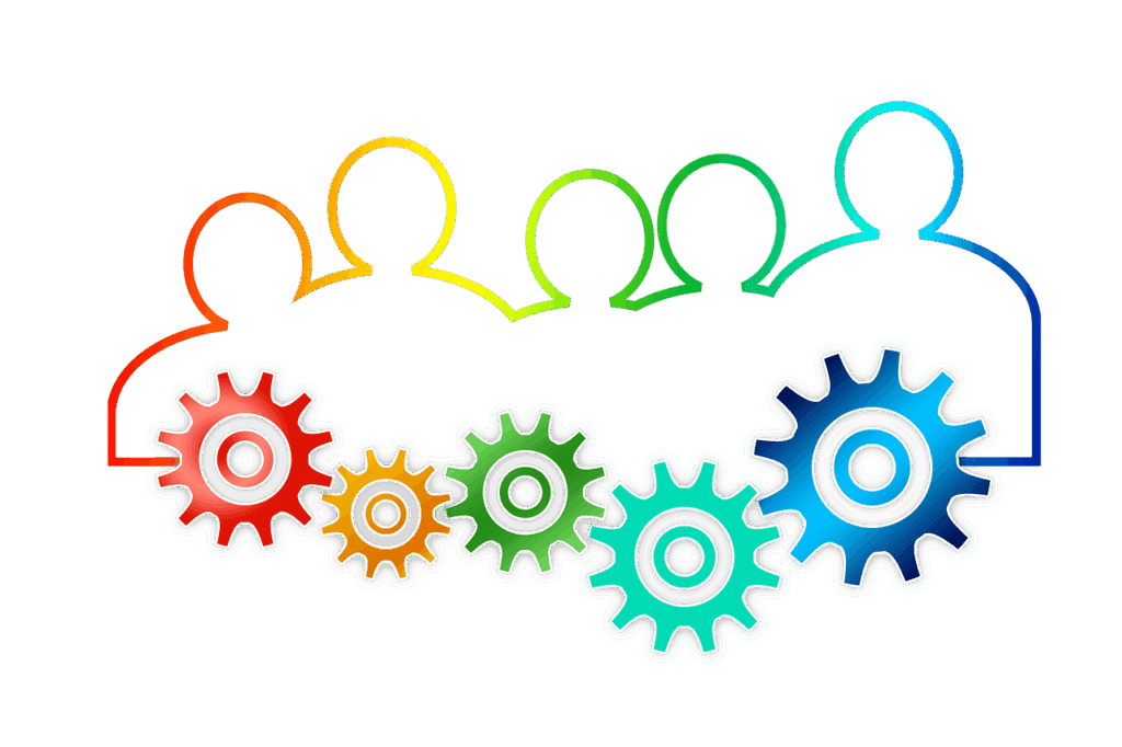 A colorful outline illustration of five interconnected human figures with five brightly colored gears at their base, symbolizing collaboration and teamwork for authentic representation in characters.