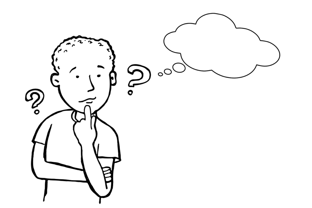 A black and white line drawing of a boy with curly hair, hand on chin, surrounded by question marks and with an empty thought bubble, symbolizing thinking and processing time.