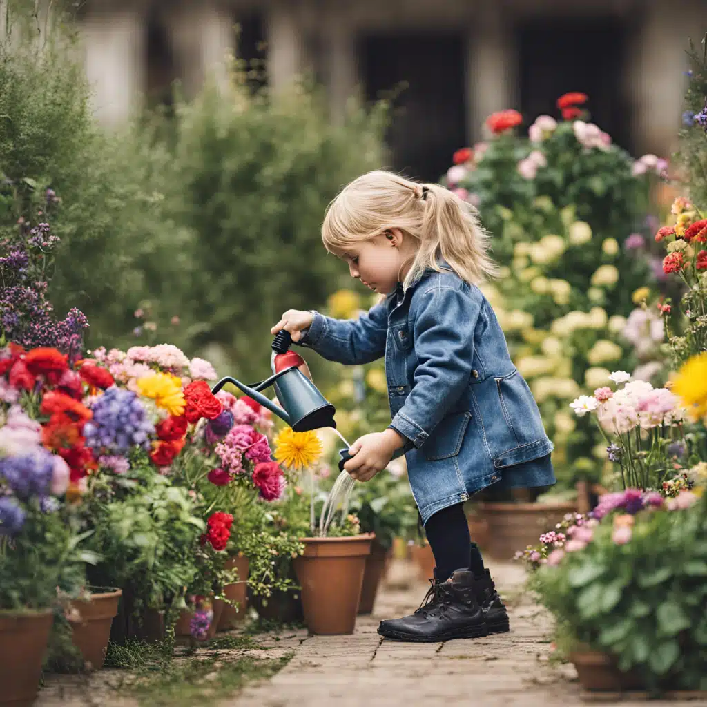 Canva AI illustration of a young girl with a watering can tending to a vibrant, diverse garden filled with flowers of various colors and sizes, symbolizing nurturing individual strengths and unique learning styles.