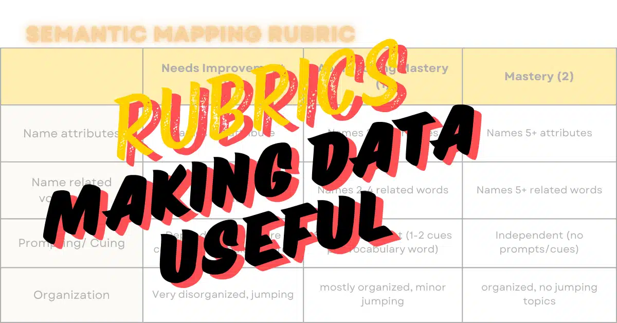 A semantic mapping rubric table partially visible in the background, overlaid with large, bold, stylized text reading "RUBRICS MAKING DATA USEFUL," symbolizing the importance of rubrics in speech therapy for effective measurement.