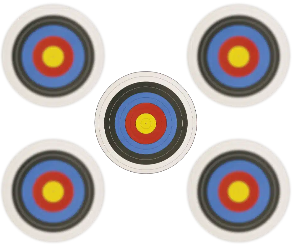 A graphic of five archery targets arranged like the number five on a die, with the central target in sharp focus and the four outer targets blurred, symbolizing a core focus for streamlined yearly therapy initiatives.