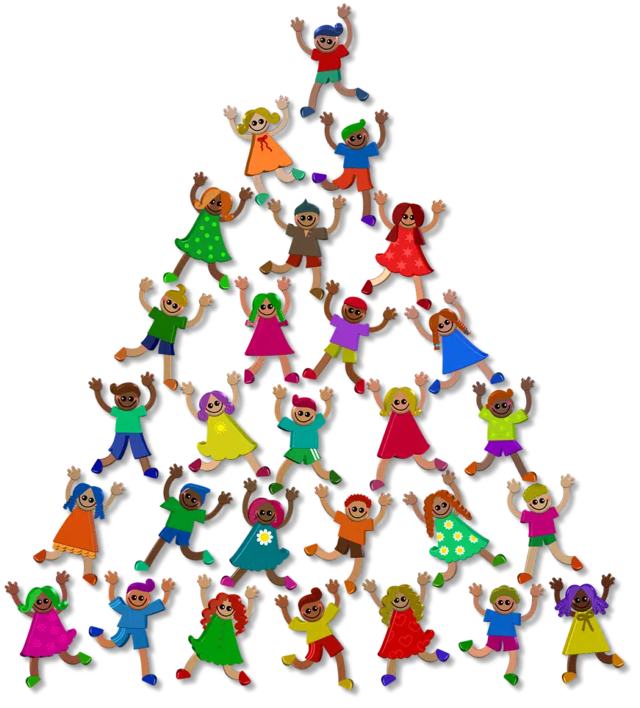 A colorful illustration of many diverse children figures forming a pyramid, symbolizing how individualized goals contribute to a larger, shared therapy initiative while supporting unique needs.
