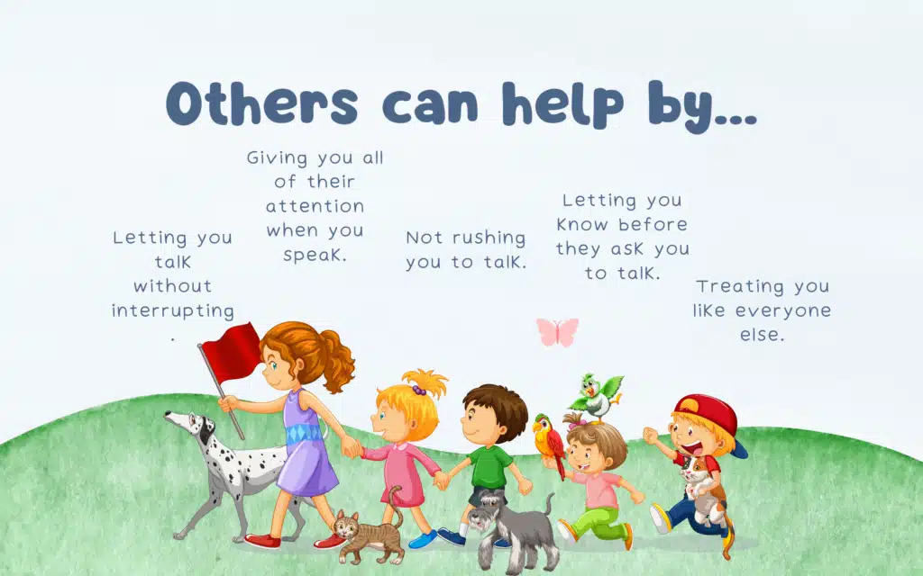 Page from the book 'It's Just the Way I Talk' titled 'Others can help by:', listing several ways people can be supportive towards a child who stutters, emphasizing empathy and inclusion.
