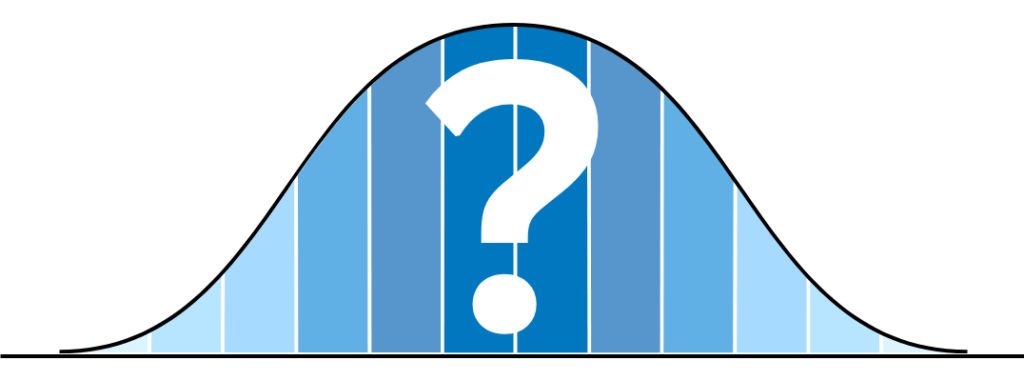 Simple bell curve chart with the area underneath shaded in blue bars, overlaid with a large white question mark, symbolizing the statistical concept of normal distribution and raising questions about typical mastery levels.
