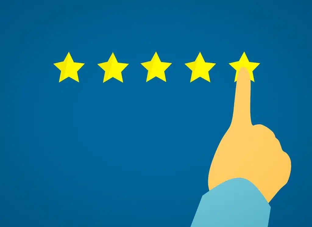 Simple graphic illustration of a hand clicking on a five-star rating, symbolizing the act of leaving a positive review or feedback
