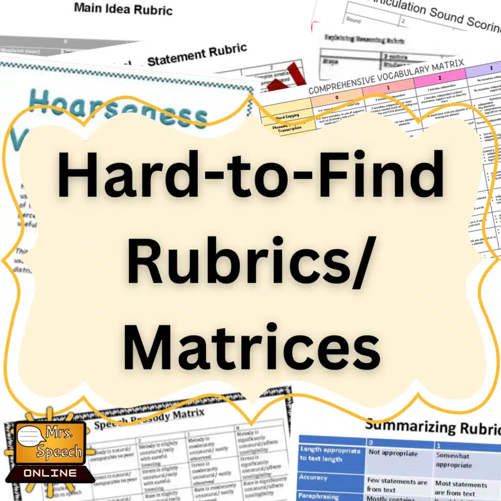 Cover image for the 'Hard-to-find rubrics/matrices' TPT product, showing the title overlaid on a collage background of various rubric and matrix examples from the resource.
