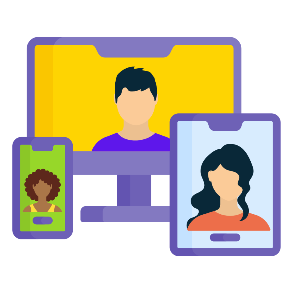 Illustration of a computer monitor, tablet, and smartphone displaying generic user profiles, symbolizing the various devices students use for online learning.