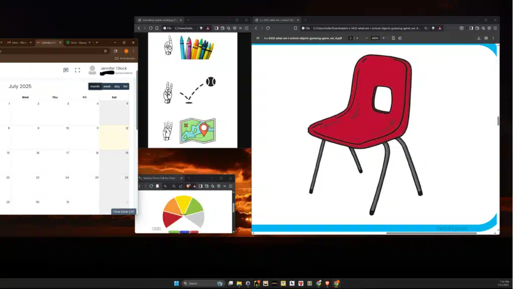 Screenshot of a 70-inch TV displaying multiple teletherapy windows: a calendar for the therapy portal on the far left, a large browser with a red chair stimulus on the right, a smaller visual aid window, and a tiny wedge timer in the lower left.