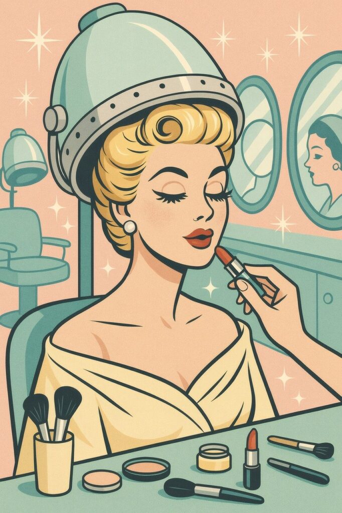 Retro cartoon illustration of a woman receiving a beauty salon makeover, with a hairsetter on her hair and a hand applying lipstick, symbolizing a 'glow up' or significant improvement.