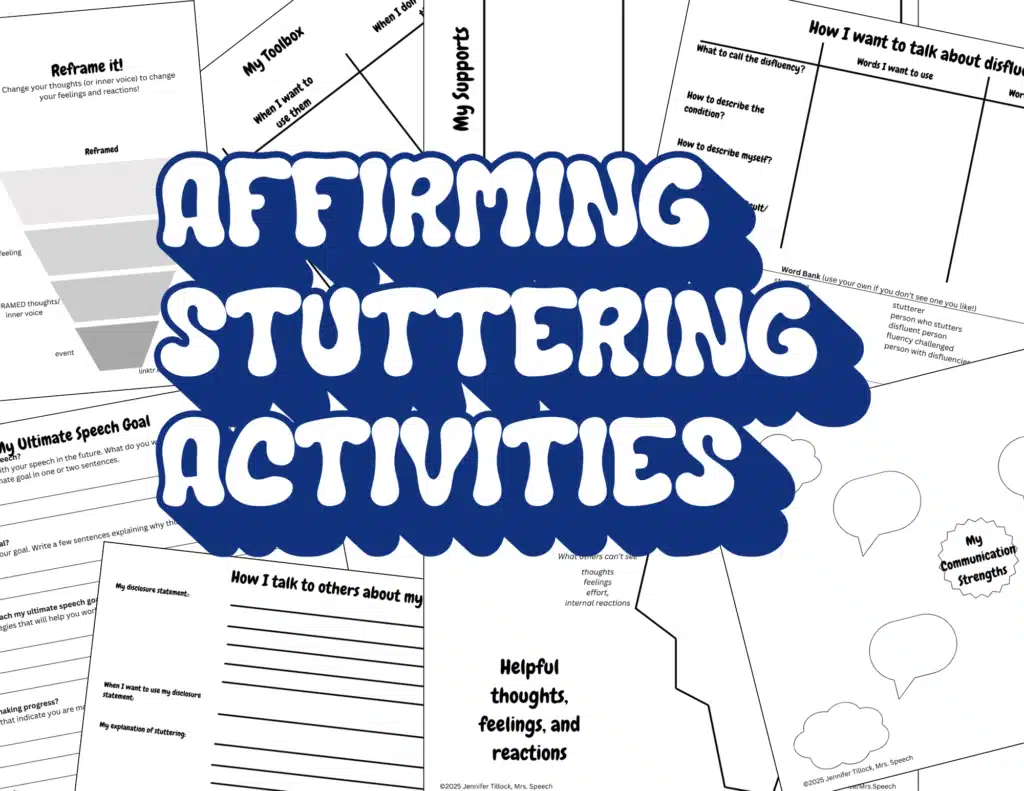 Cover image for 'Affirming Stuttering Activities' TPT resource by Mrs. Speech, designed to empower students who stutter.