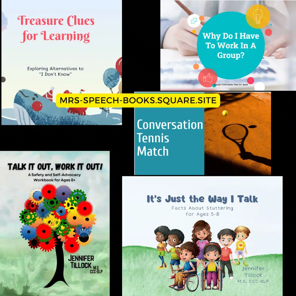 A collage of five colorful book covers for Mrs. Speech's paperback children's communication books, including titles like 'Treasure Clues for Learning', 'Why Do I Have to Work In A Group?', 'Conversation Tennis Match', 'Talk It Out, Work It Out', and the bestselling 'It's Just the Way I Talk'.