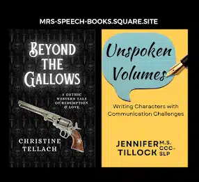 Two book covers side-by-side: 'Beyond the Gallows' by Christine Tellach, featuring a gothic revolver on a skull pattern, and 'Unspoken Volumes' by Jennifer Tillock, with a speech bubble and pen illustration.