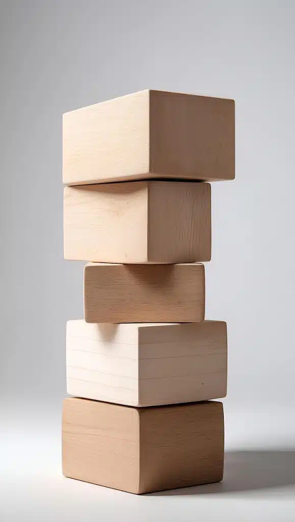 A vertical stack of five smooth, light-colored rectangular wooden blocks on a neutral grey background.