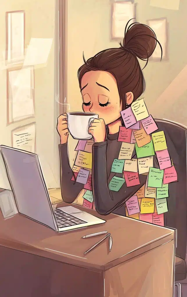 : A cartoon illustration of a person with their hair in a bun sitting at a desk with a laptop, looking tired and stressed while drinking from a large white mug. They are covered in numerous colorful sticky notes with handwritten text, symbolizing the burden of documentation.