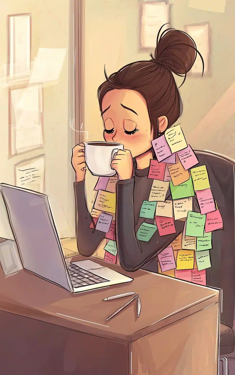 : A cartoon illustration of a person with their hair in a bun sitting at a desk with a laptop, looking tired and stressed while drinking from a large white mug. They are covered in numerous colorful sticky notes with handwritten text, symbolizing the burden of documentation.