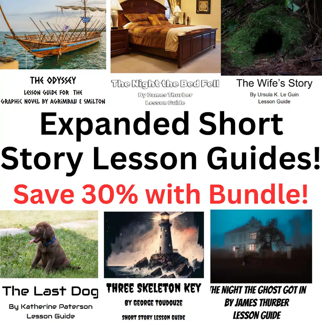 A promotional collage for the Ultimate Short Story Comprehensive Lesson Guides Bundle, showing images for six stories: The Odyssey, The Night the Bed Fell, The Wife's Story, The Last Dog, Three Skeleton Key, and The Night the Ghost Got In. The image also contains text that says, "Expanded Short Story Lesson Guides! Save 30% with Bundle!".