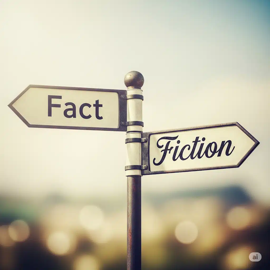 A vintage signpost with arrows pointing in opposite directions, one labeled 'Fact' and the other 'Fiction', symbolizing the debunking of AI myths for SLPs.