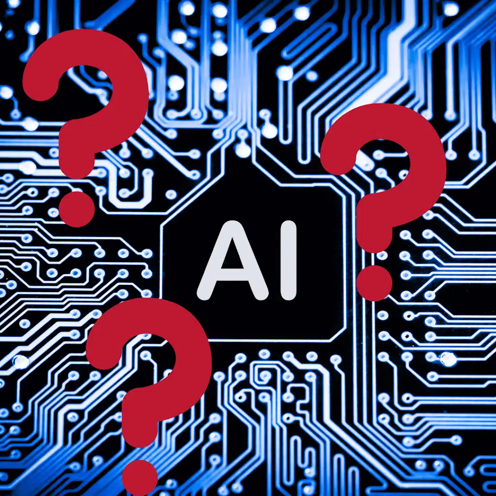 The letters "AI" in white on a black rectangle, overlaid on a blue circuit board background, surrounded by three large red question marks.