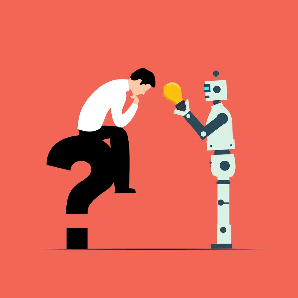 Illustration of a person sitting on a large question mark, looking thoughtful, while a robot stands nearby holding up a glowing lightbulb, symbolizing the debunking of the AI myth of niche use.