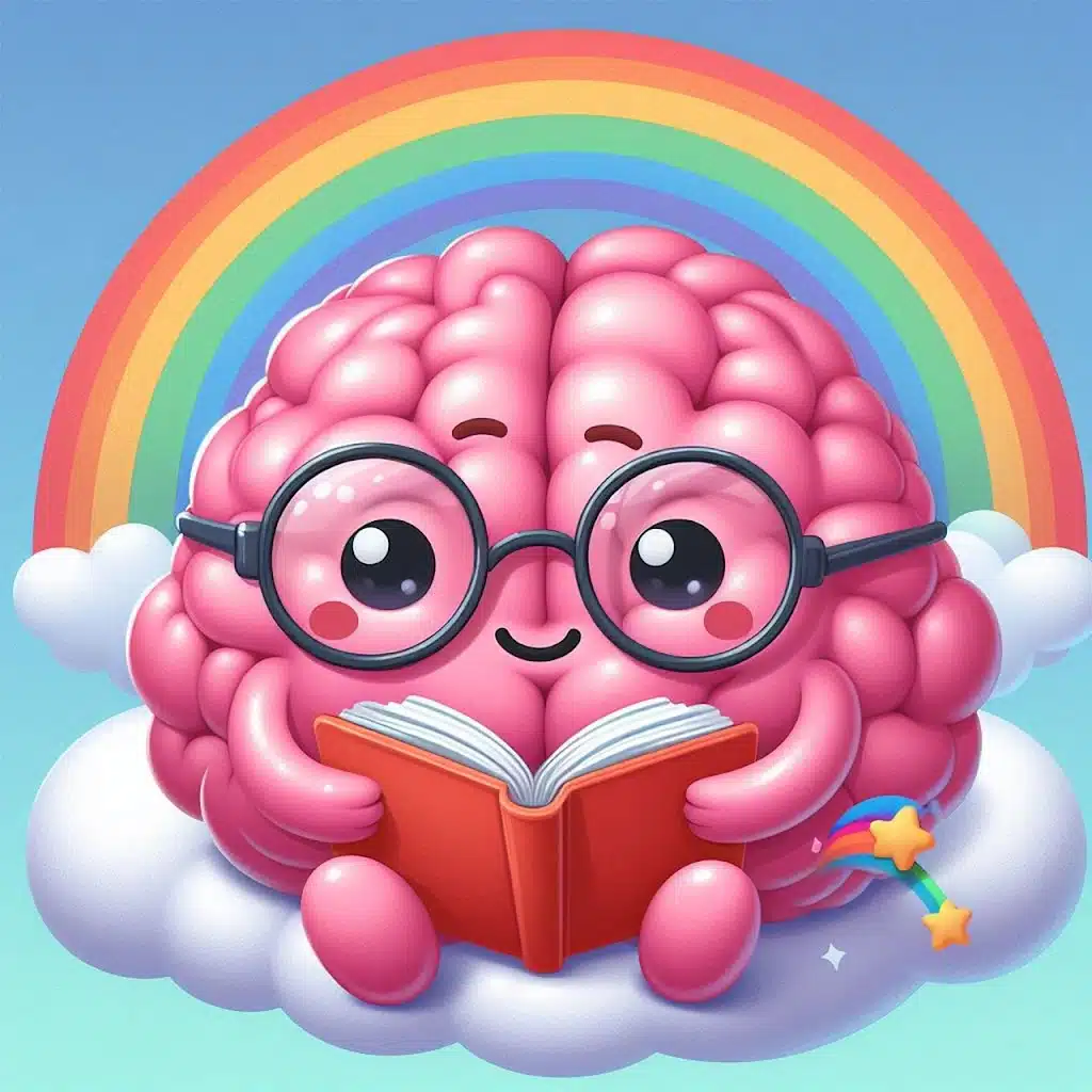 An illustration of a happy brain reading a book, symbolizing how short stories engage the brain for learning and imagination.