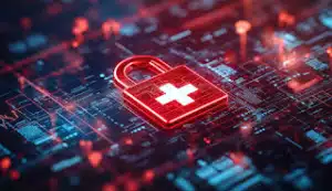 A prominent red digital padlock featuring a white medical cross, set against a circuit board background, signifying critical HIPAA compliance for healthcare data when using AI