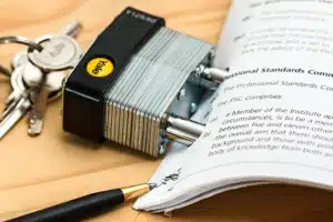 A closed padlock and a set of keys resting on an open book titled "Professional Standards Committee," with a pen nearby.